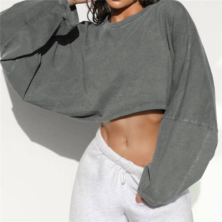 FurDecoration - Wholesale Sweatshirt - Women's - Crop Round Neck Solid Color Sweatshirt11