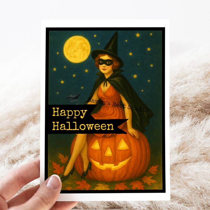 Carte d'Halloween. Style Carte Postale Vintage. Femme Grande Citrouille. pour la vente par Cheerful Whimsies