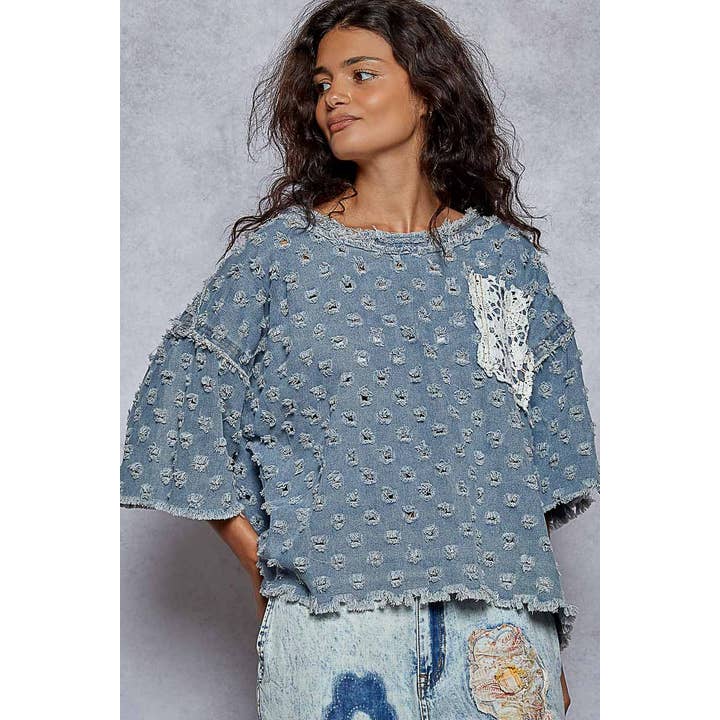 Pol Clothing - Wholesale Knit Top - Women's - Round neck short sleeve open knitted woven top