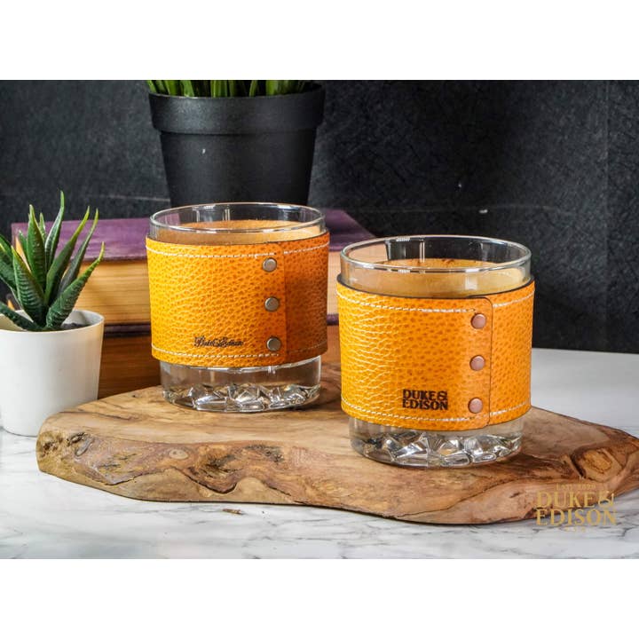 Italian Leather Whiskey Rocks Glass Gift Set - Yellow Leathe for wholesale by Duke and Edison