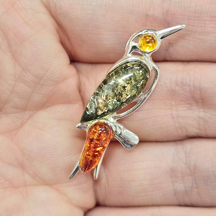 Amberman - Wholesale Pendant/Charm Necklace - Multi-color Amber Sterling Silver Corvid Pendant1