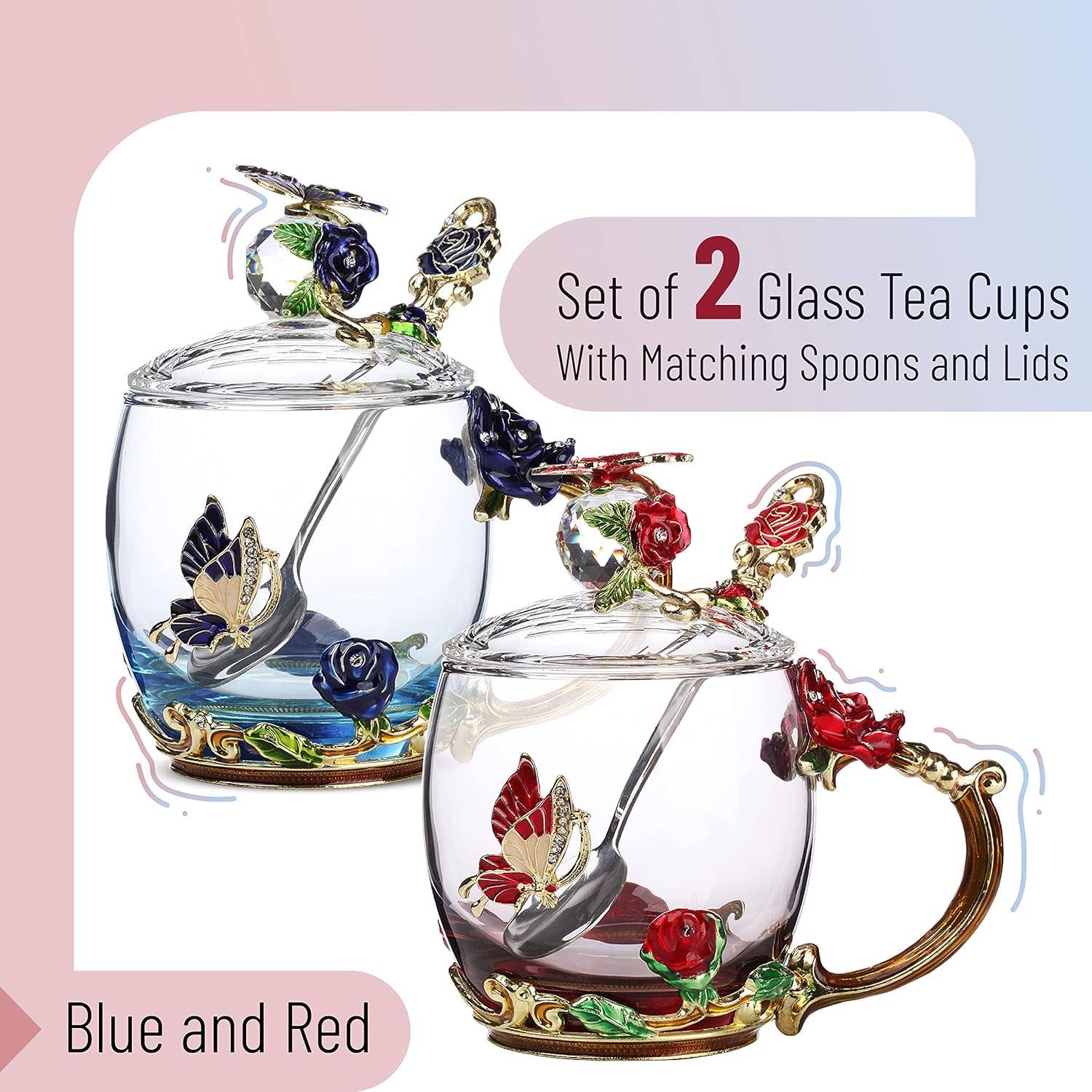 Brew To A Tea – wholesale Coffee/tea cup – BTaT Floral Glass Tea Cups with Lids - Set of 21