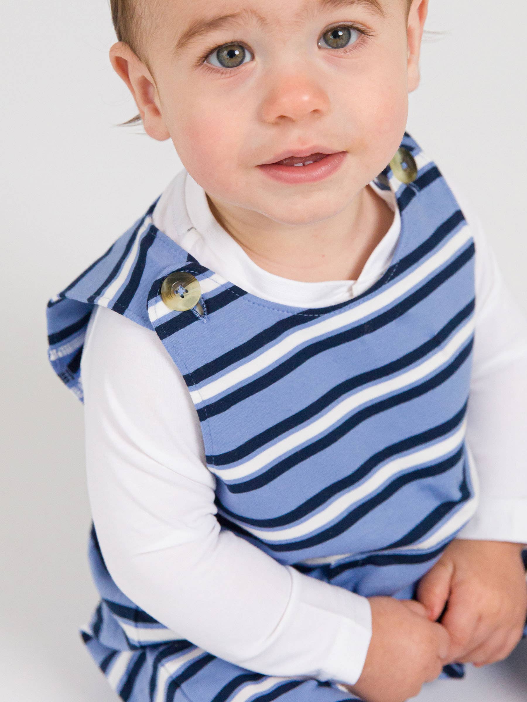 Baby Boys Periwinkle Blue Stripe Knit Longall Pocket Romper for wholesale on Faire4