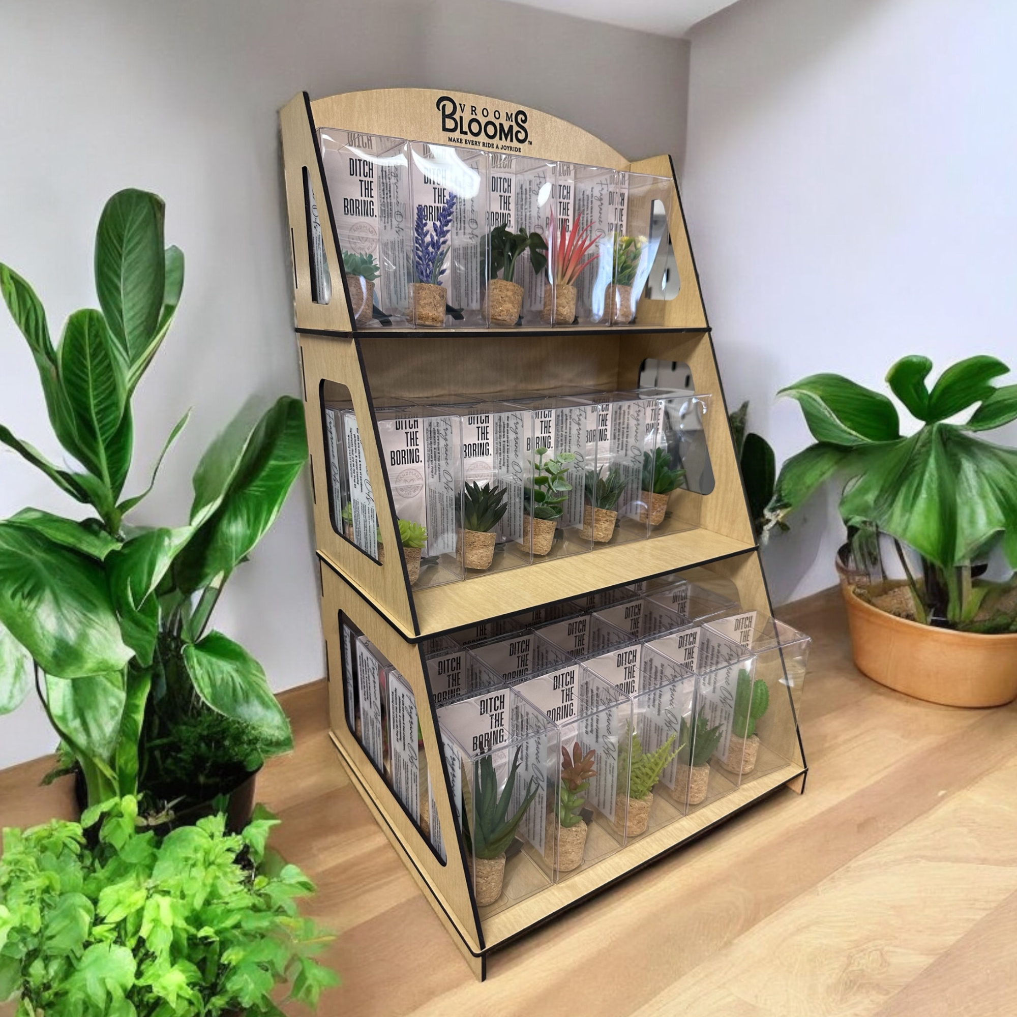 Vroom Blooms - Wholesale Retailer Display - Home & Living - Wood Display Shelf - Car Plant Diffusers / Air Fresheners 2