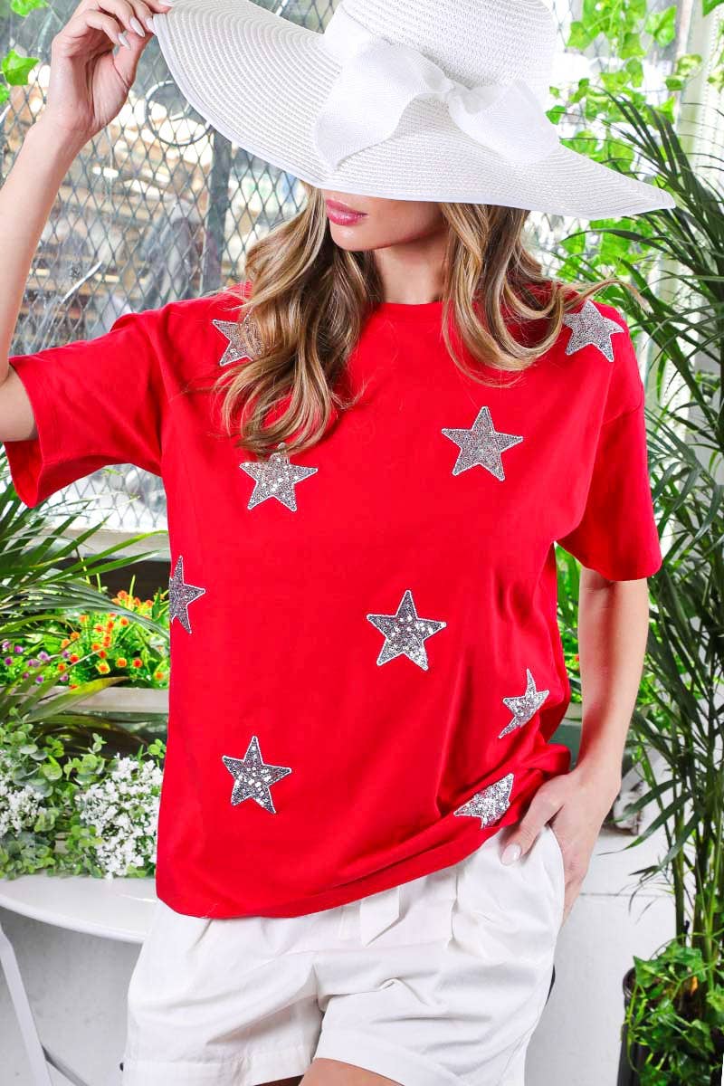 Vine & Love - Wholesale Knit Top - Women's - Star Sequin Crew Neck 100%Cotton Knit Top VT8161720