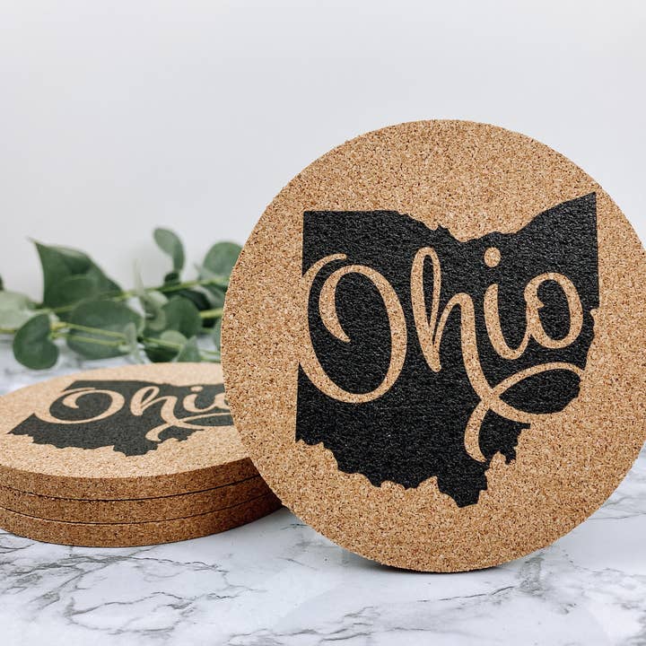 Ohio Outline In Black Cork Coasters for wholesale by WT Custom Designs