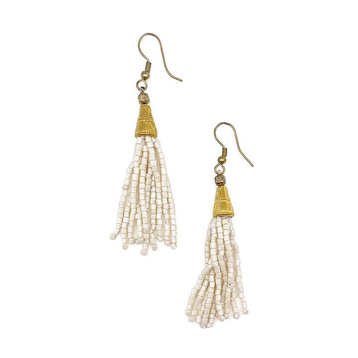 Sachi Island Waterfalls Earrings - White Solid Tassel for wholesale by Anju Jewelry