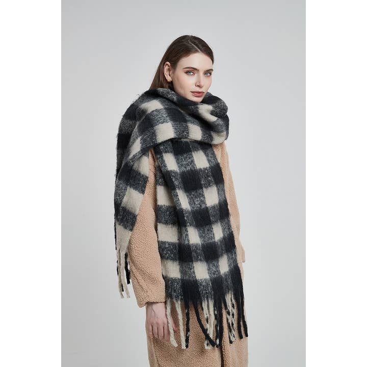 Adorro - Wholesale Scarf - Women's - Soft Chunky Gingham Fleece Scarf with Tassel (12 colors)