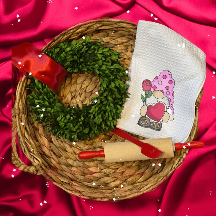 Valentine Gnome Kitchen Towels for wholesale by The Adorned Willows Marketplace LLC