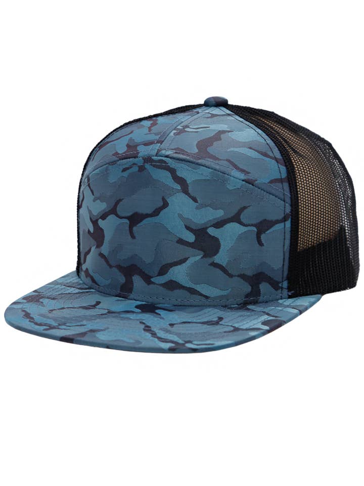 Camouflage Polyester Fabric 7 Panel Flat Bill Trucker Hat for wholesale by Cap Zone