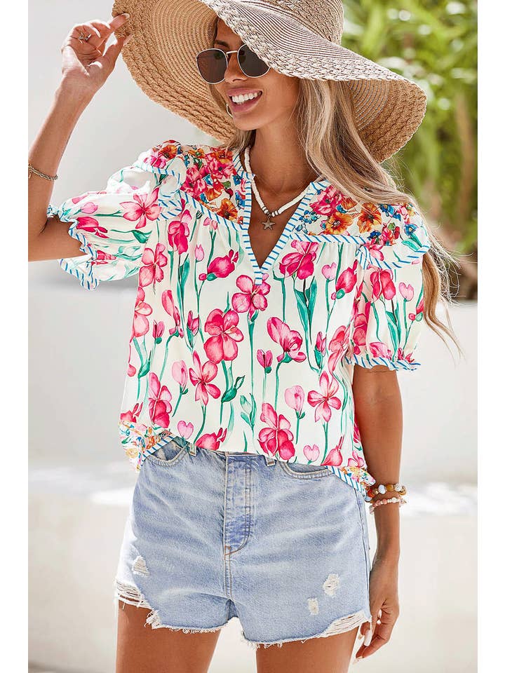 Pink LDC Floral Print Striped Detail Split Neck Blouse for wholesale on Faire