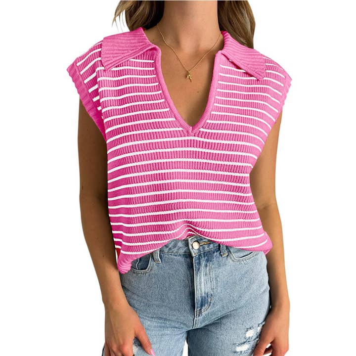 Lovesoft - Wholesale Knit Top - Women's - V-Neck Knitted Top Casual Striped Lapel Sweater