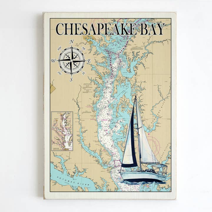 Chesapeake Bay, VA 11 "x 16" Wood Plank Map-Sailboat for wholesale by Map Mom