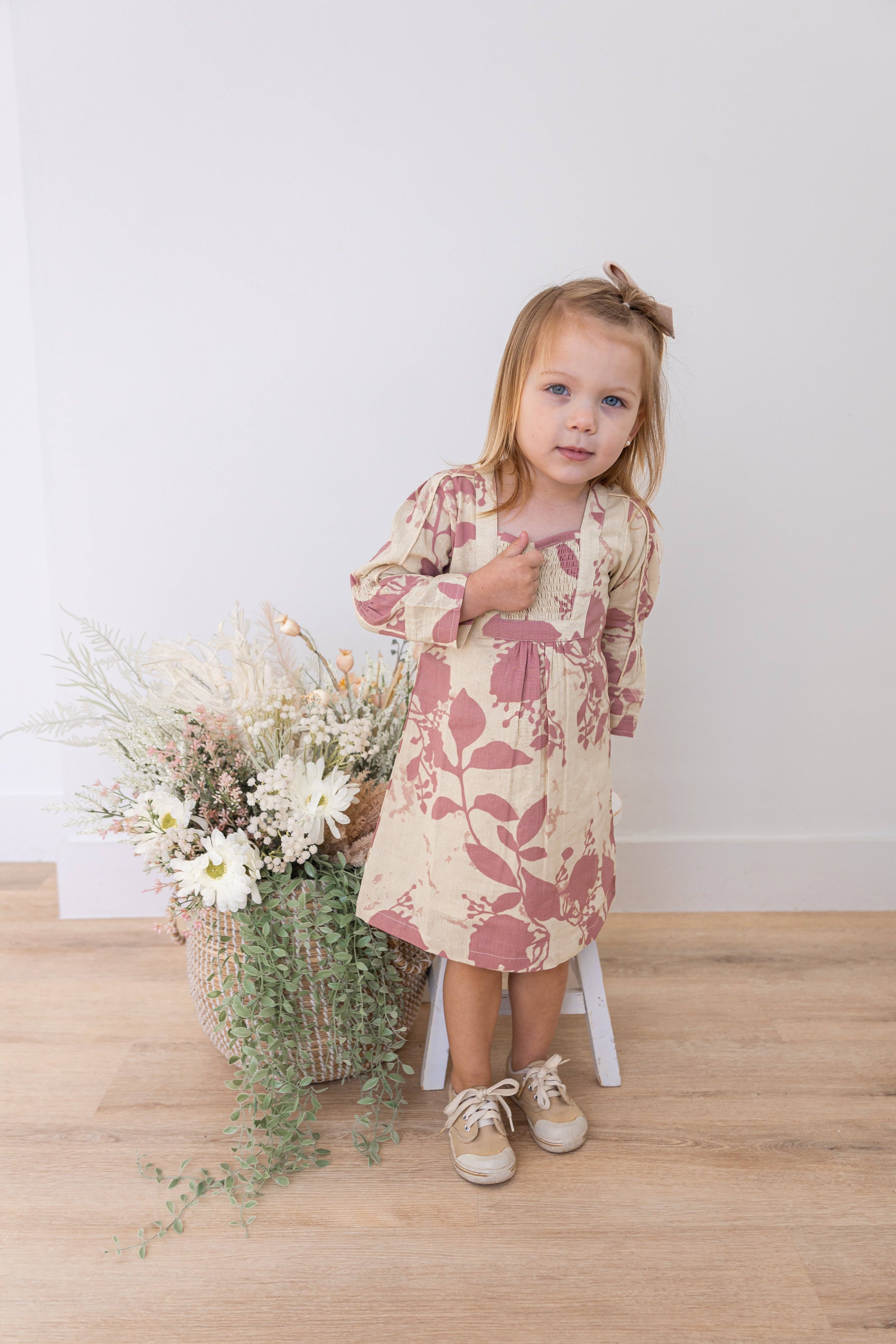 Yo Baby – Vestido - Crianças por atacado – Vestido Comprido com Estampado Floral Rosa Escuro e Mangas Compridas Franzidas2