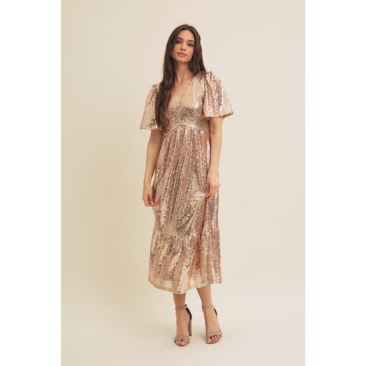 CHAMPAGNE SPARKLING LONG SLEEVED SEQUIN MIDI DRESS for wholesale on Faire