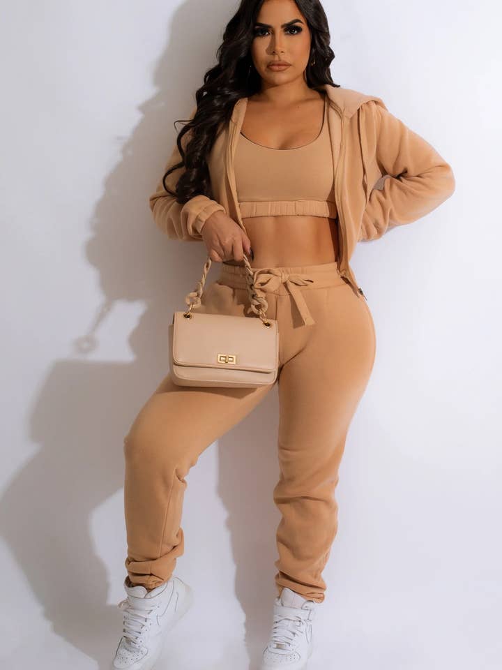 BRA TOP & HOODIE JACKET & JOGGER PANTS 3 PIECES SET and other Purchase Wholesale 3 piece set. Free Returns & Net 60 Terms on Faire trending on Faire.