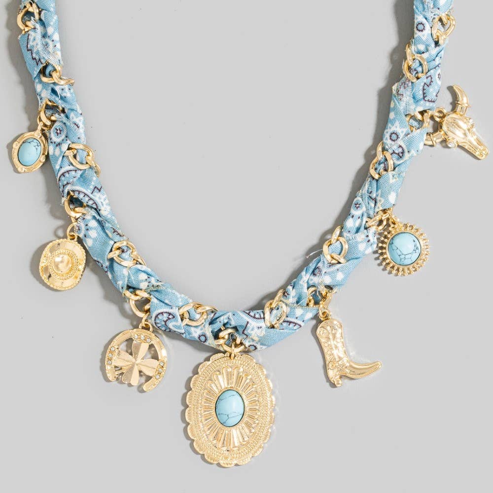 The Looks by Fame Accessories - Wholesale Pendant/Charm Necklace - Western Stone Set Concho Charms Paisley Bandana And Chain Braided Necklace6