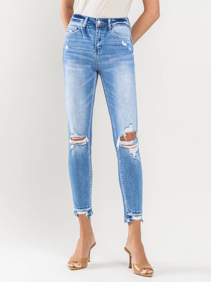 HIGH RISE CROP CONTRAST PANEL SKINNY JEANS T5432 for wholesale by VERVET by FLYING MONKEY