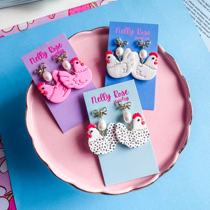 Chicken Earrings | Handmade Clay | Pearl Accents for wholesale by Nelly Rose Jewelry