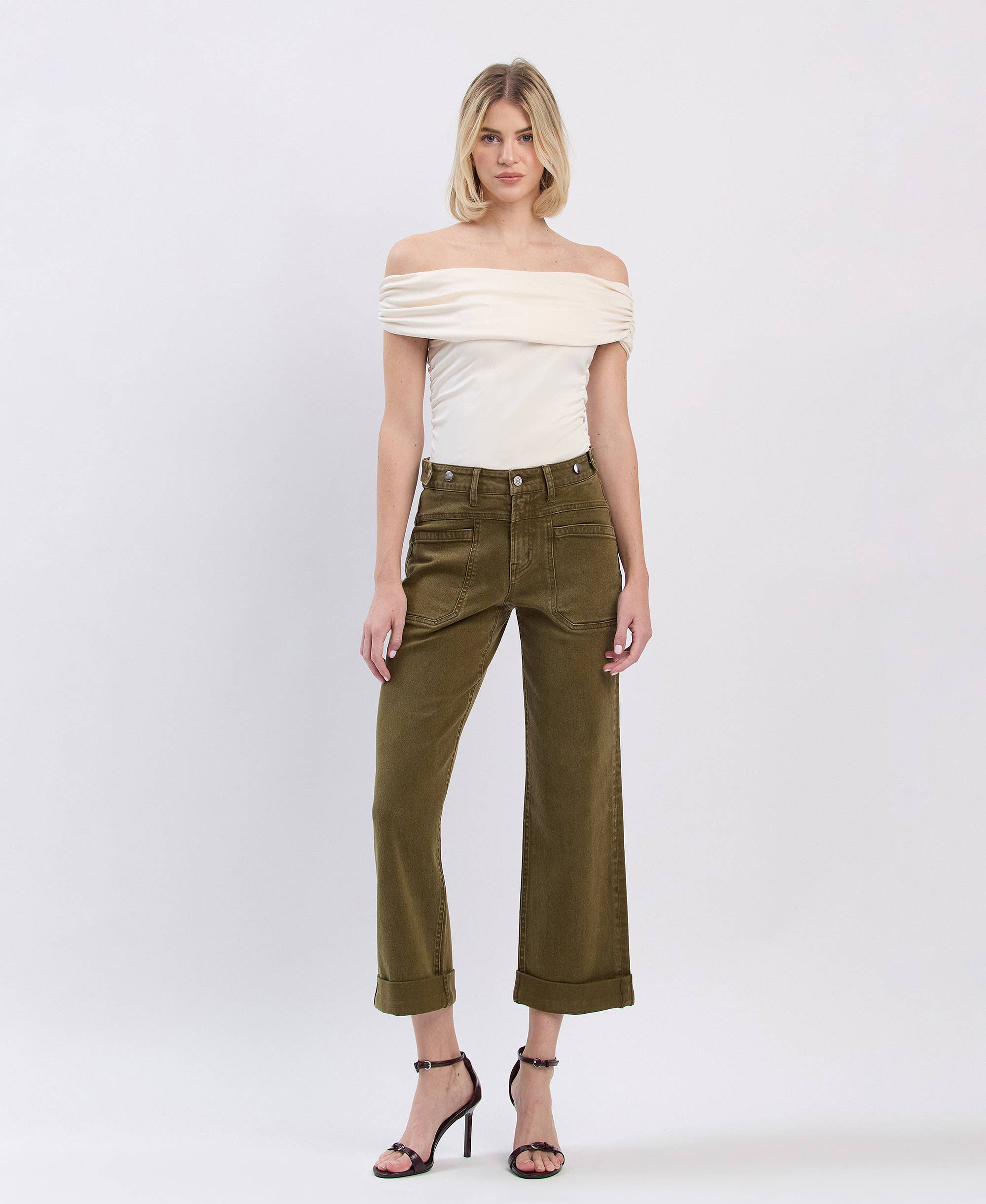 DARK OLIVE HIGH RISE TAB WAISTBAND CUFFED SLIM WIDE JEANS F5920DOL for wholesale on Faire3