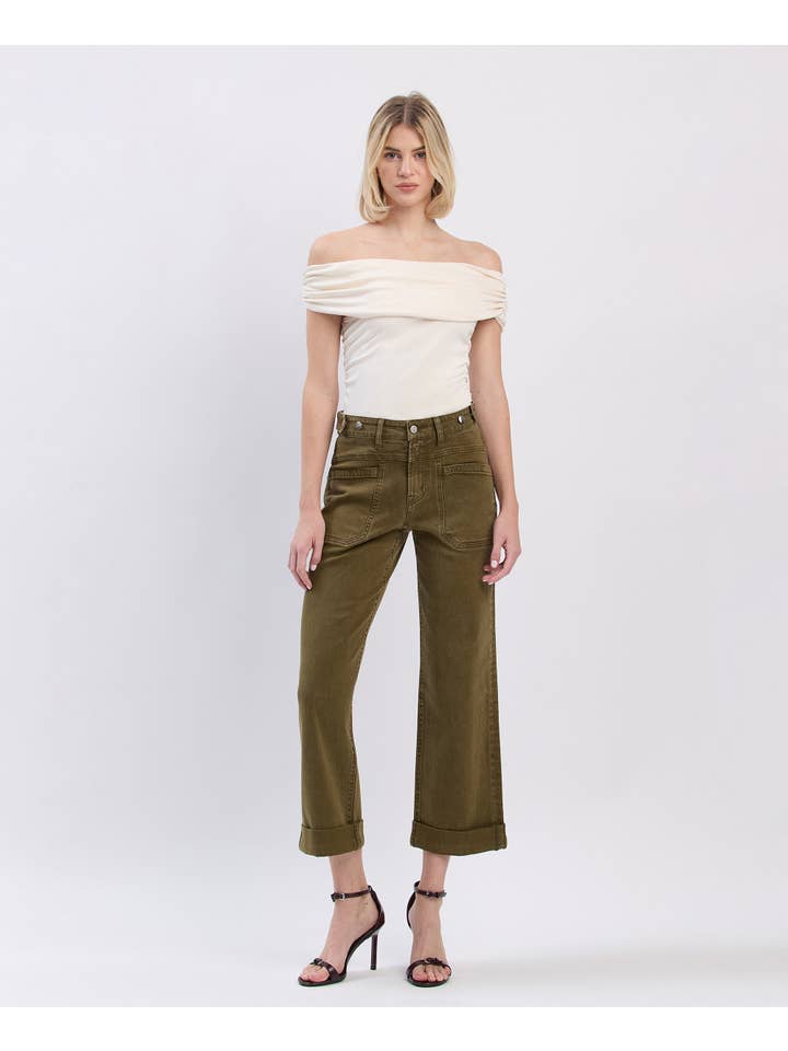 DARK OLIVE HIGH RISE TAB WAISTBAND CUFFED SLIM WIDE JEANS F5920DOL for wholesale on Faire3