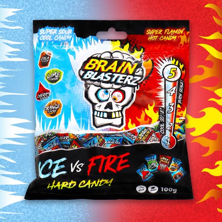 Brain Blasterz Bonbon Acide Glacé vs Feu 100g 12 unités Importation UK pour la vente par Long Island Candy Factory