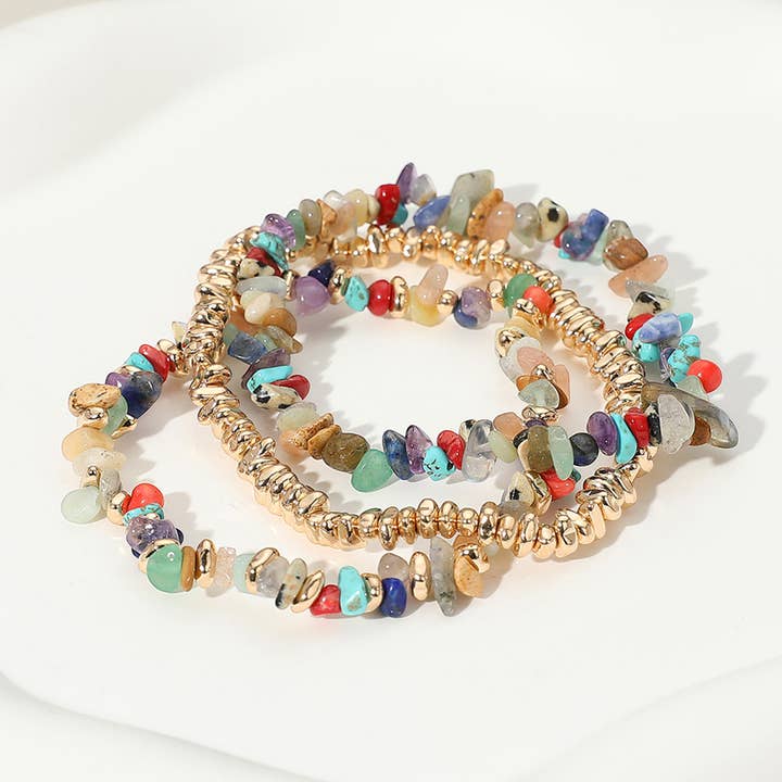 Sensibling Corp. - Wholesale Jewelry Set - 3PCS Natural Stone Metal Bead Stretch Multi Layered Bracelet