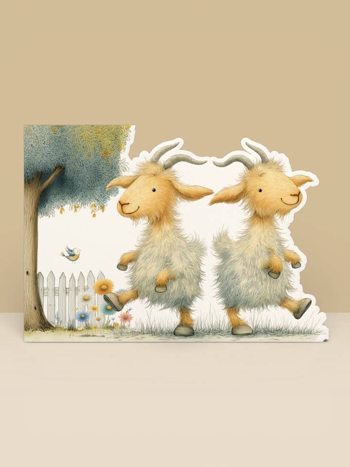 Farm Greeting Card, Die-cut: 'The Dancing Goats' for wholesale by Under the Oak Tree