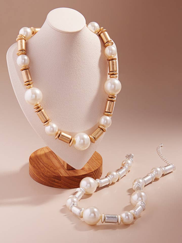 Pearl With Vintage Metal Bead Short Necklace for wholesale by Designature New York