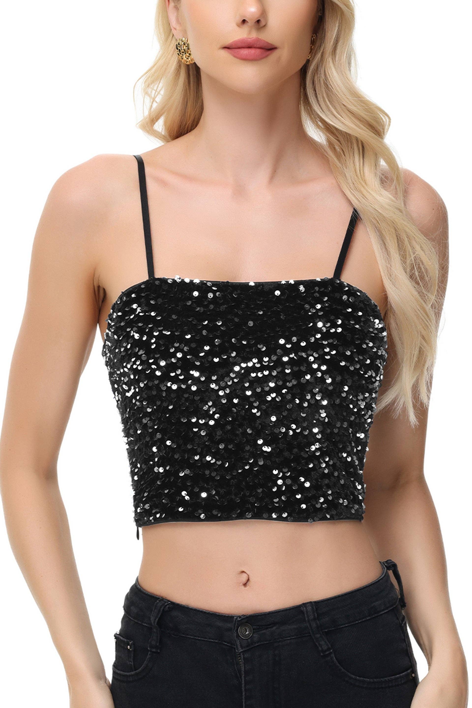 Anna Kaci Wholesale - Wholesale Camisole - Women's - Sparkly Sequin Cami Tops Crop Club Party Glitter Spaghetti7
