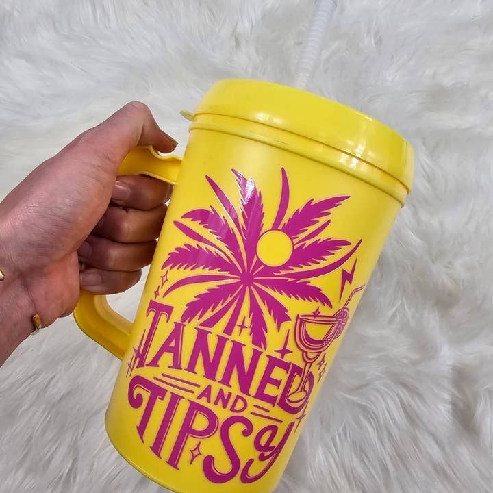 Scratch Decor - Wholesale Insulated Mug/Tumbler - 'Tanned and Tipsy' Mega Trucker Mug 34oz
