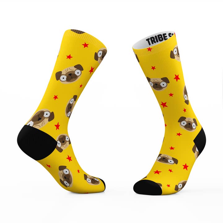 Yellow Pug Emoji Socks for wholesale by Tribe Socks