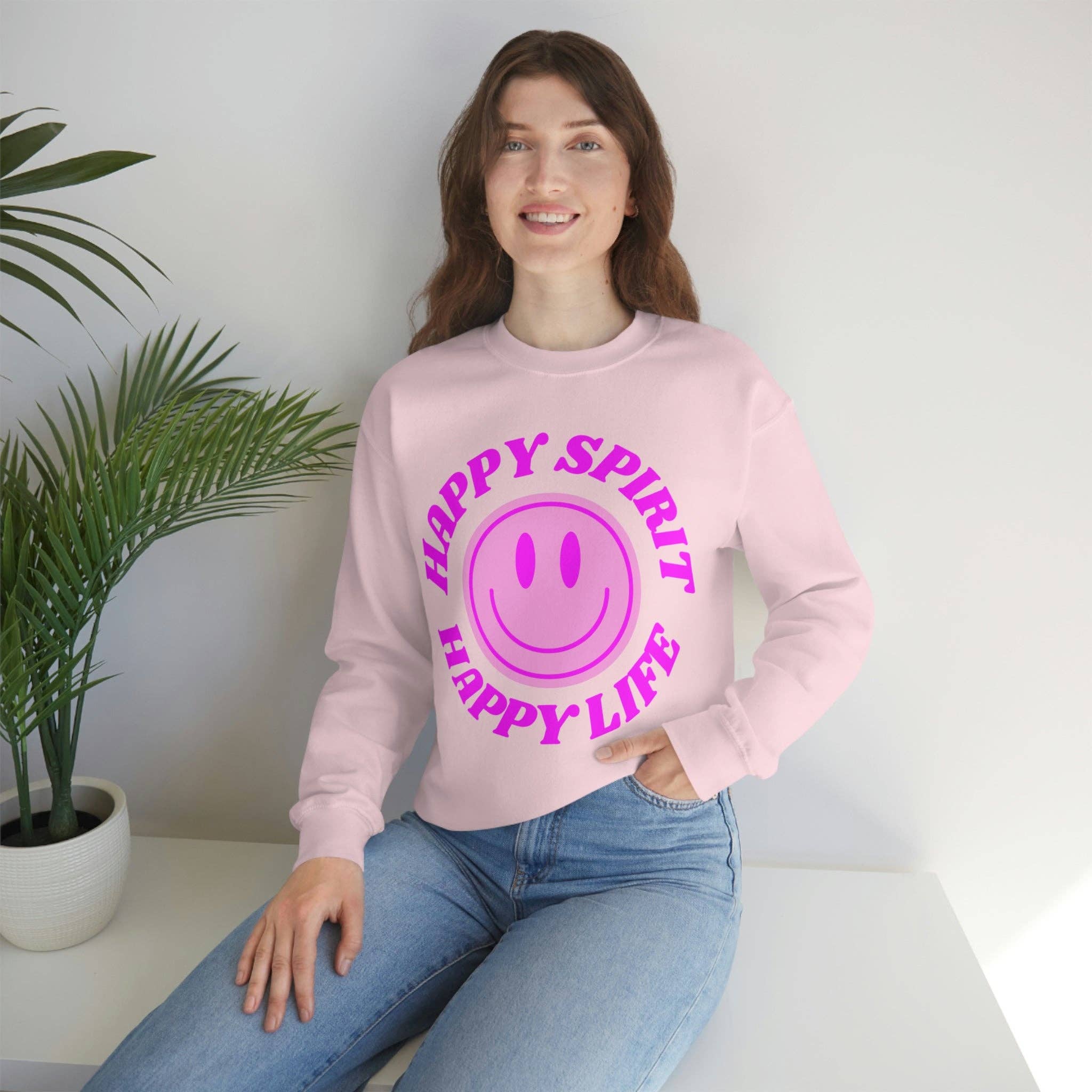 Happy Life Stuff - Wholesale Graphic Sweatshirt - Women's - Happy Spirit Happy Life Sweatshirt, VSCO Girl Crewneck, Oversized Retro Font Graphic Tumblr, Front Print Smile Face Trendy Cover Up29
