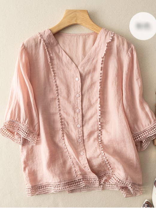Whisper Mint - Wholesale Blouse - Women's - Mid-Sleeve Crochet Blouse|Vintage Artistic Summer Shirt