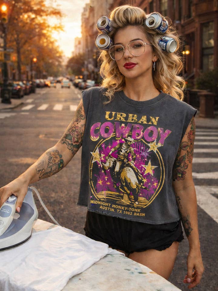 Urban Cowboy Honky Tonk Bash Boxy Midriff Muscle top for wholesale by Country Deep Apparel