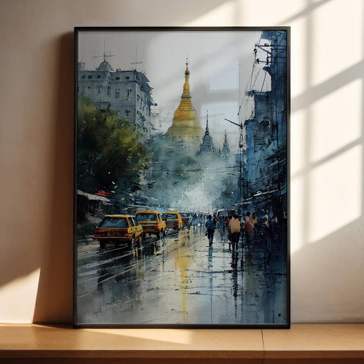 Lac Inle, Myanmar – Impression d'aquarelle pour la vente par Premium Travel Art