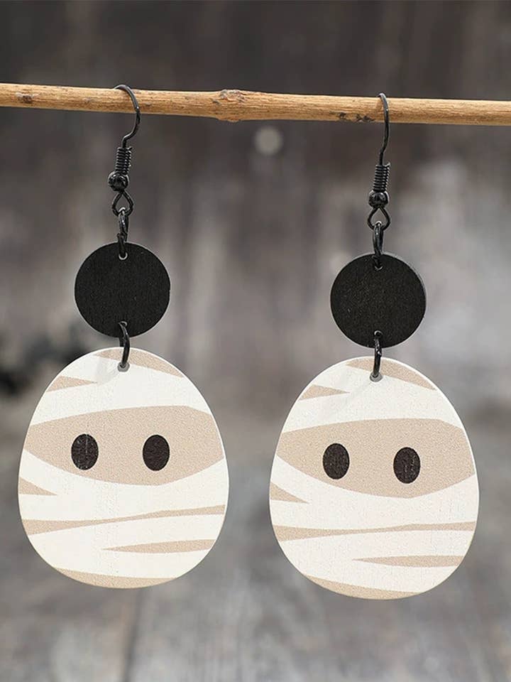 Boucles d'oreilles en bois momie à imprimé géométrique d'Halloween SP611 pour la vente par UNISHE