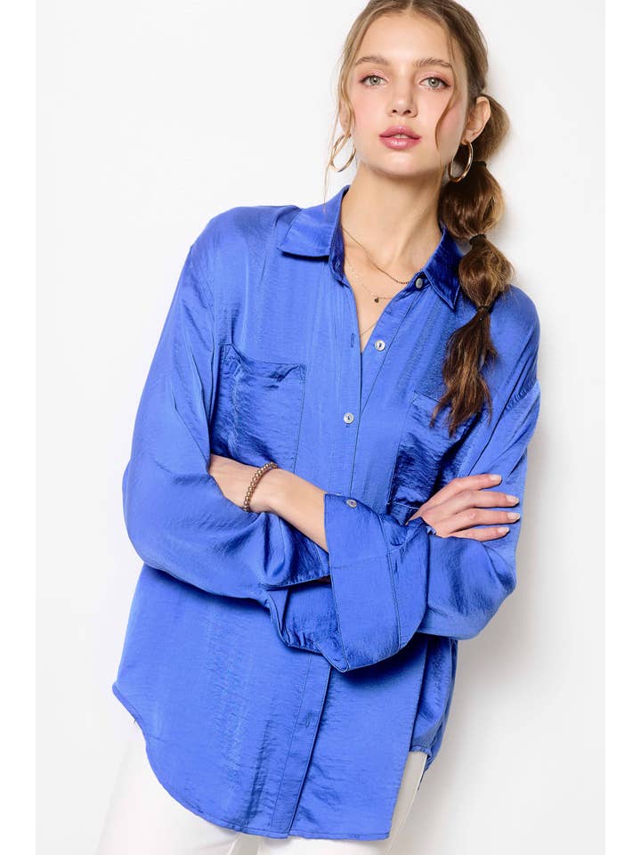 La Miel - Wholesale Button Down Shirt - Women's - SRT7452-Silky and Flowy Button Down Long Sleeve Shirts11