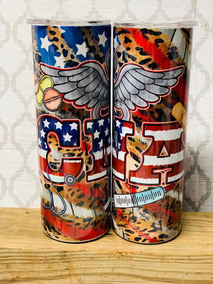 Leopard CNA 20 oz skinny stainless steel tumbler for wholesale by Indigo Sky Mercantile