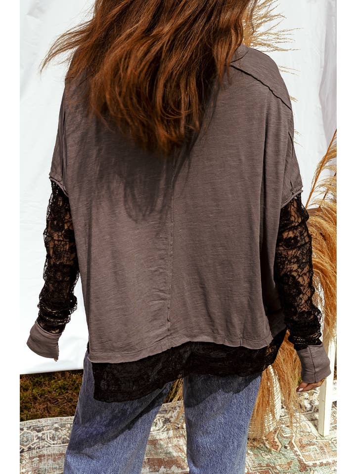1 the Woman - Wholesale Dress - Women's - Sheer Lace Patchwork Casual Long Sleeve Tee2