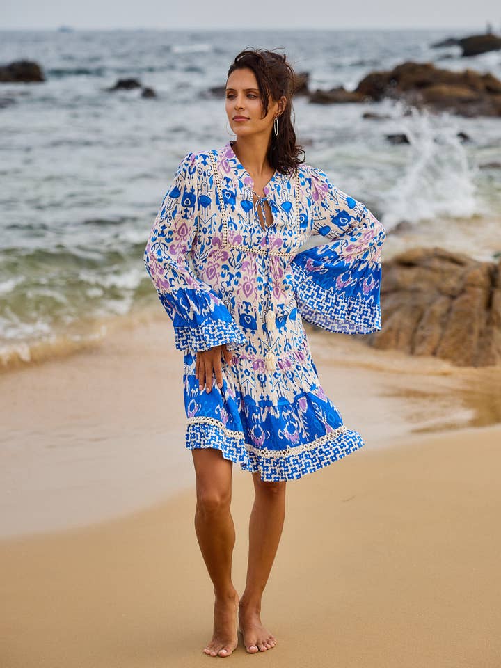 Ethnic print mid-length dress with Lurex, flared cut for wholesale by last queen