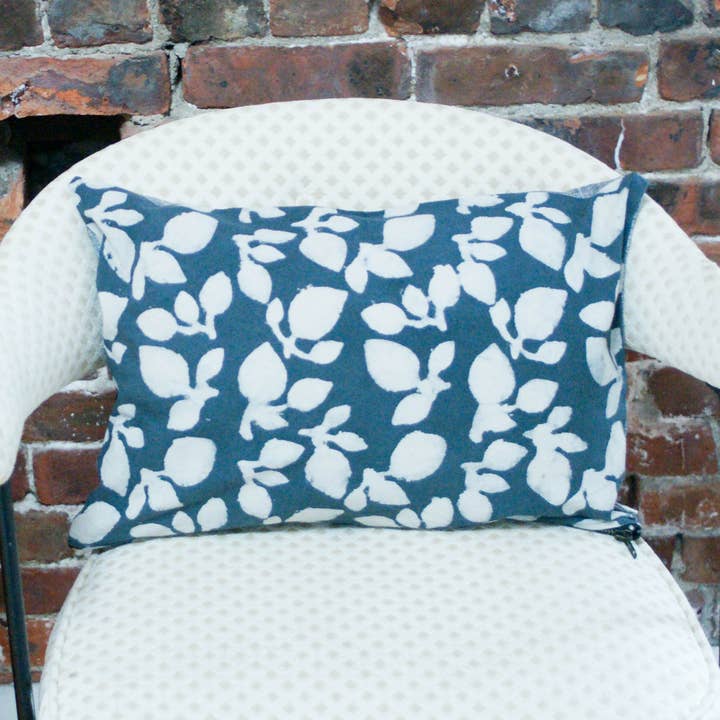 Grey Leaf Blockprinted Lumbar Toss Pillow 12 x 18 for wholesale by Rustic Loom