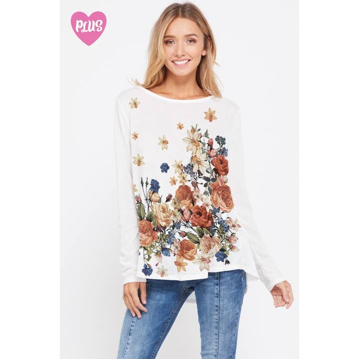 Plus size Flower print boat neck long sleeve top for wholesale by Phil Love
