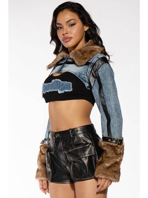 Snow Wash Fur Trimmed Crop Bolero Denim Jean Jacket for wholesale on Faire