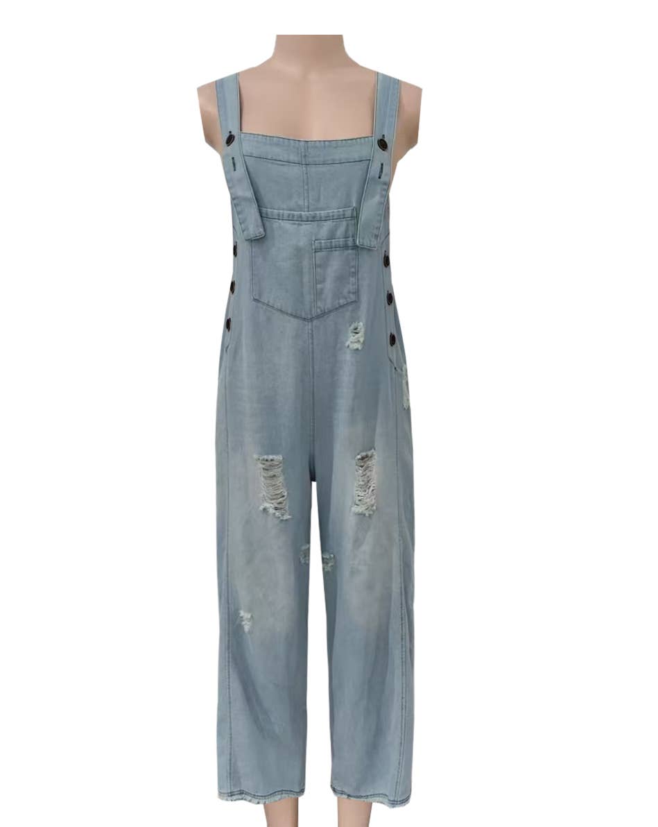 Rosa Clothing - Vente Combinaison – femme - Combinaison en jean vintage délavée à jambes larges et amples6