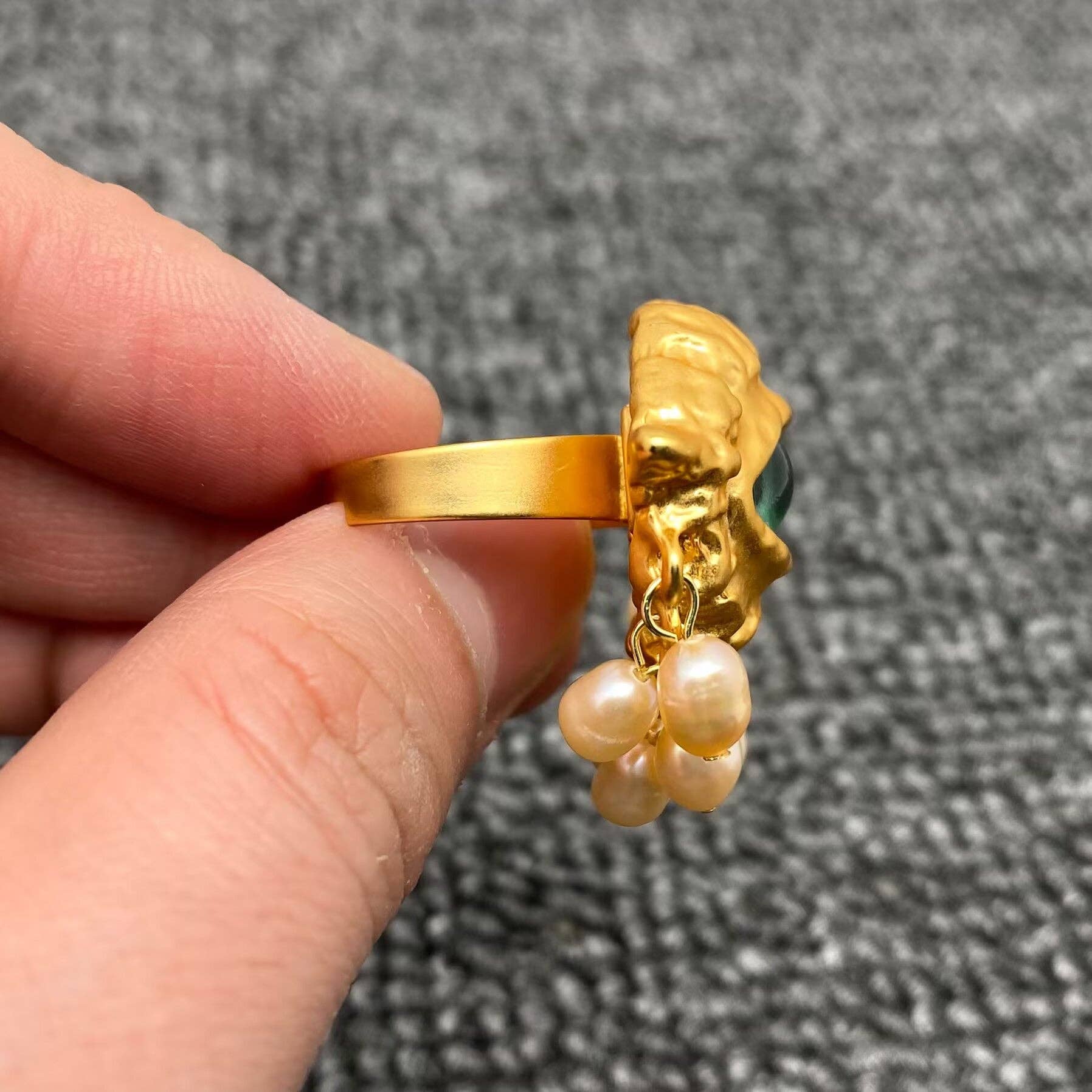 Mio Queena - Wholesale Cocktail/Statement Ring - Vintage Pearl fringe Evil Eye Matte gold plating  Adjustable Ring3