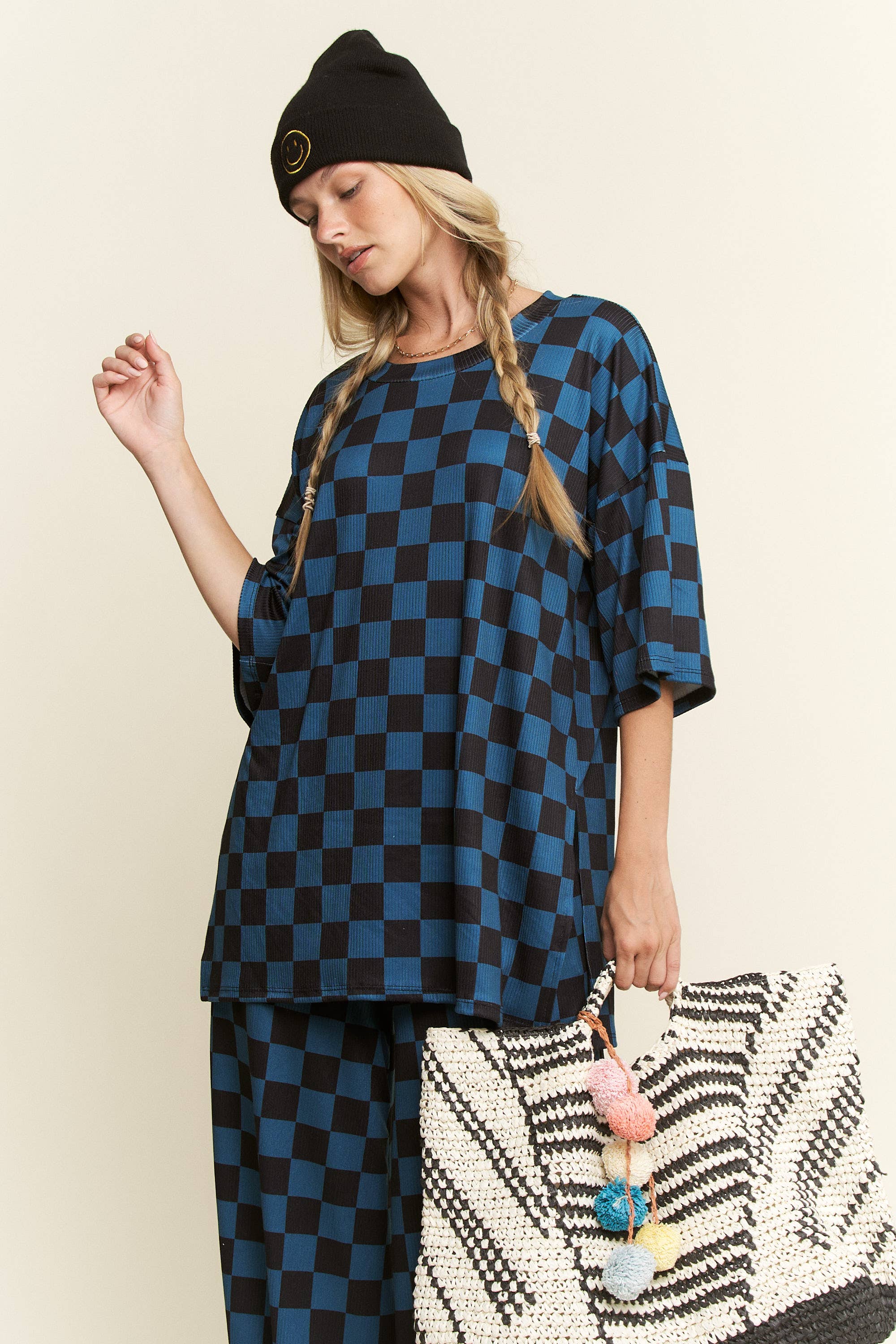 JADE BY JANE - Wholesale Lounge Set - Women's - RIBBED CHECKERED PRINT TOP/STRAIGHT LEG PANTS SET34