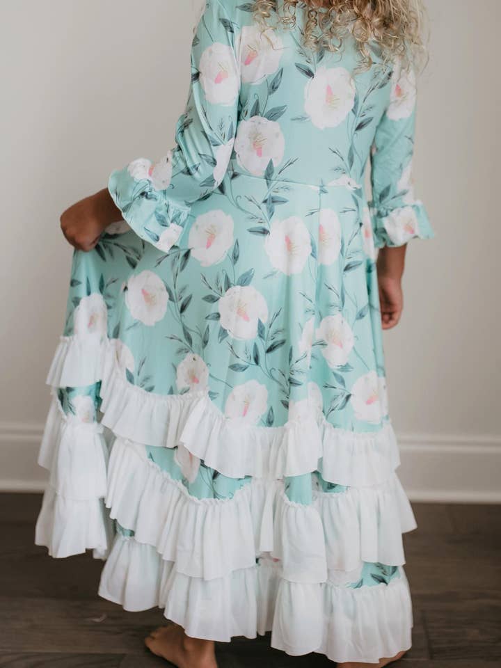 Kids Winter Mint Floral Long Sleeve Fall Ruffles Dress for wholesale by Oopsie Daisy