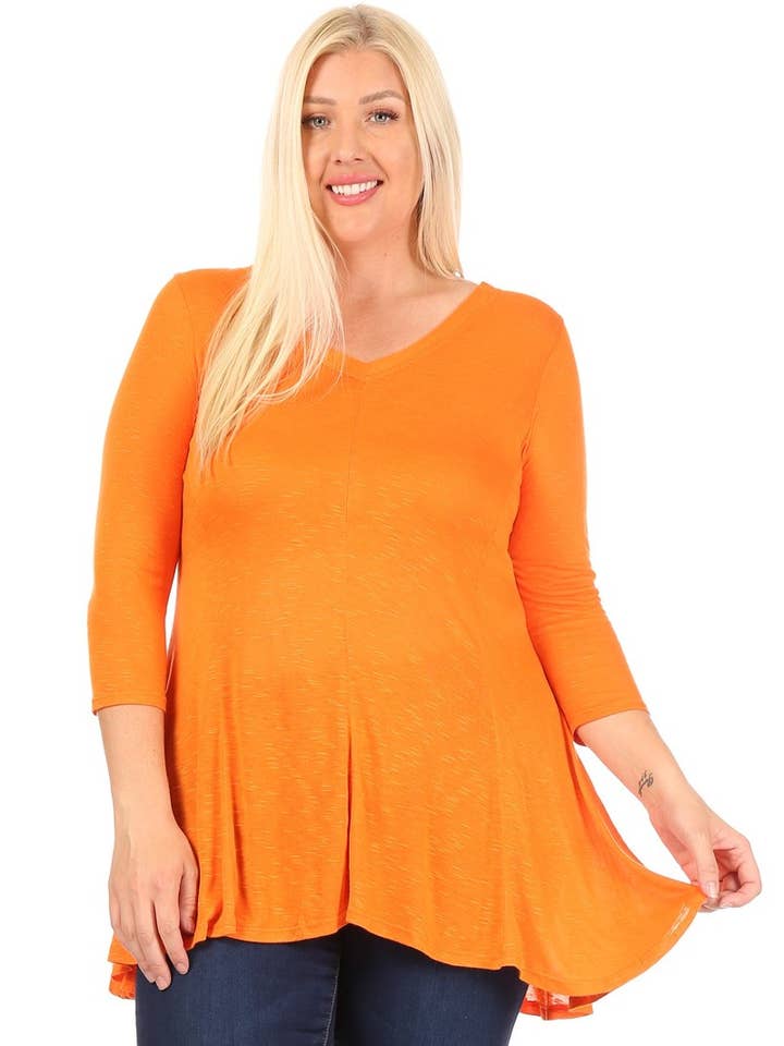 top con cuello en V, mangas dolman y dobladillo alto-bajo para venta al por mayor de Lady Curvaceous