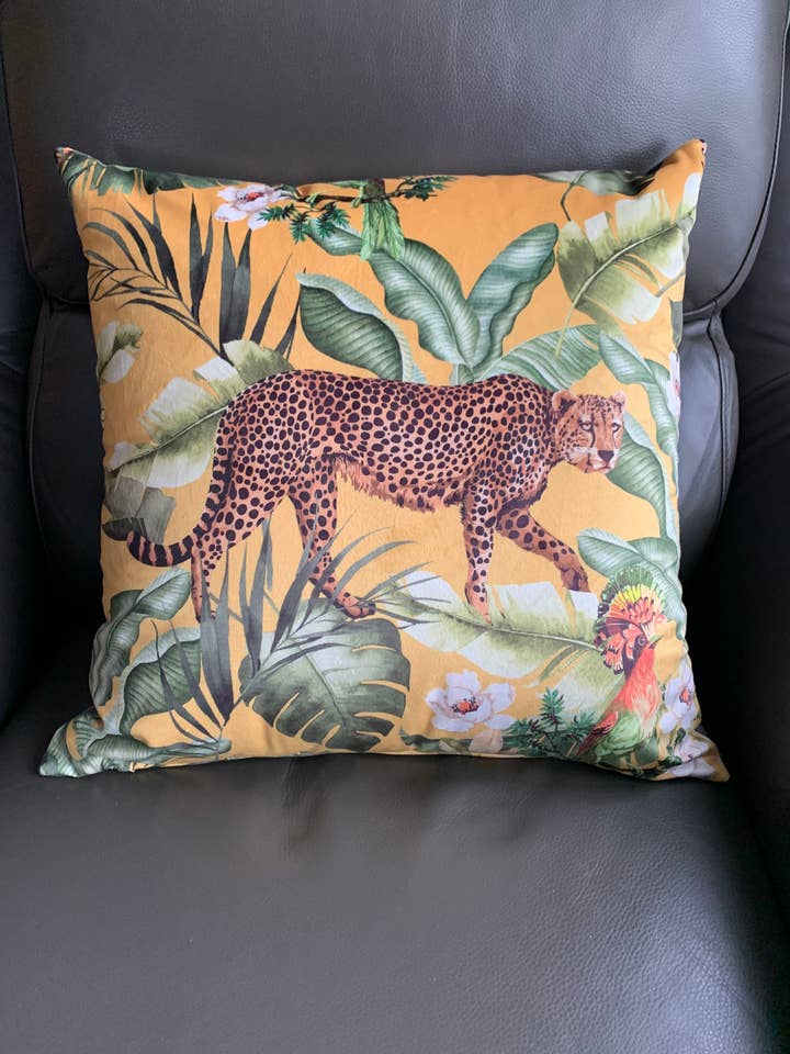 Velvet Leopard 50 x 50cm Cushion - Yellow for wholesale by The Lampshade Jungle